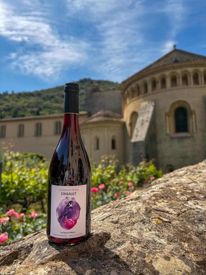 Vin rouge La Voûte du Verdus Cinsault Le Faucon Pèlerin devant une abbaye historique sous un ciel bleu d'été.