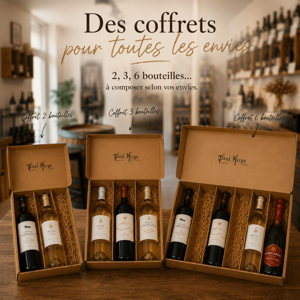 Coffrets vins Paul Herpe personnalisables de 2, 3 et 6 bouteilles pour toutes les envies.