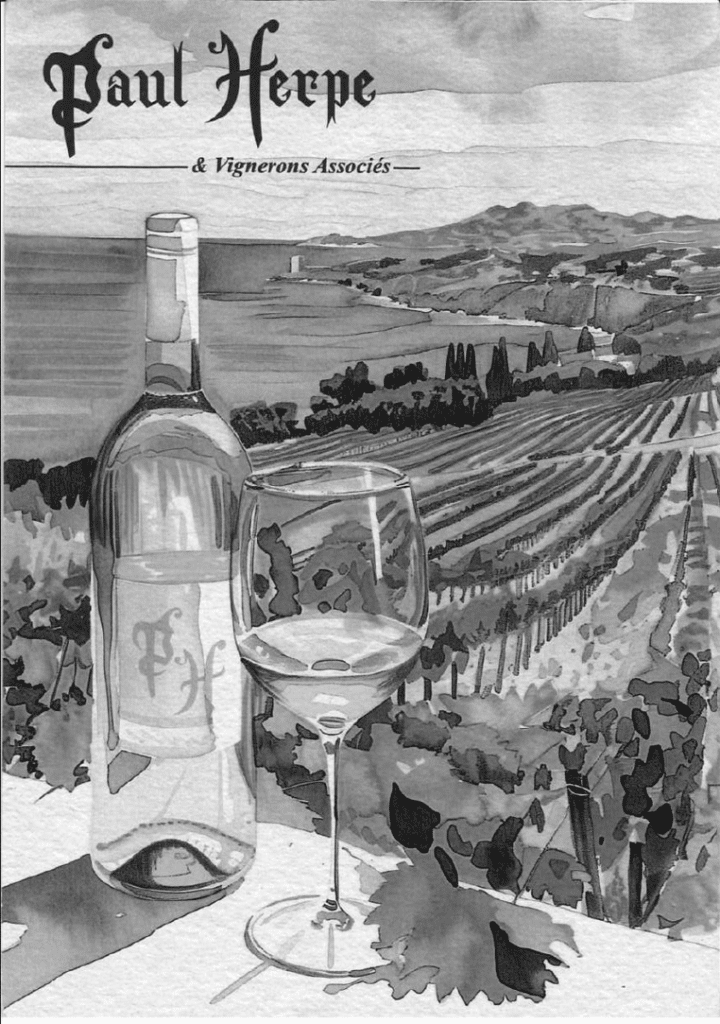 Paul Herpe & Vignerons Associés : Art du Vin et Vignoble Illustration Paul Herpe & Vignerons Associés, bouteille et verre de vin devant un vignoble panoramique sur la côte.