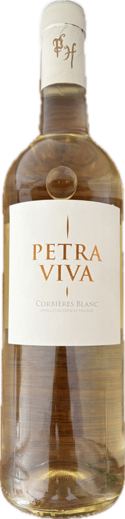 Vin blanc Petra Viva Corbières Blanc AOP, bouteille à étiquette épurée avec lettrage doré.