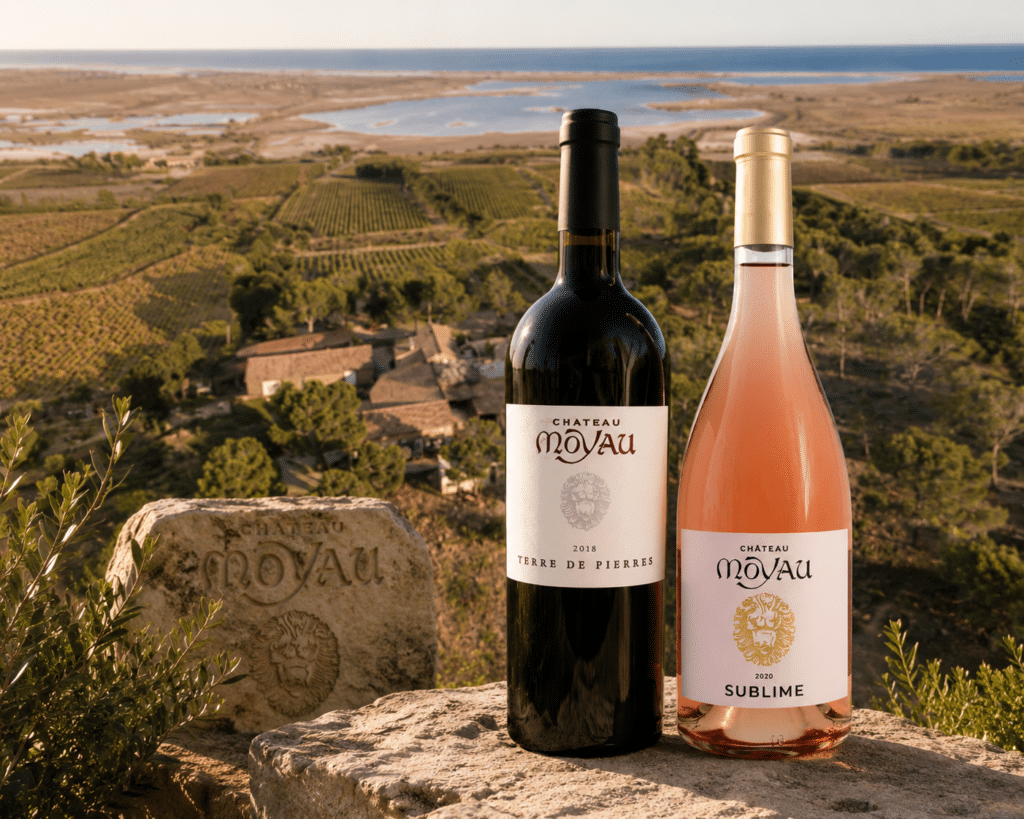 Vins Château Moyau, Terre de Pierres et rosé Sublime, sur pierre face aux vignobles et à la mer.