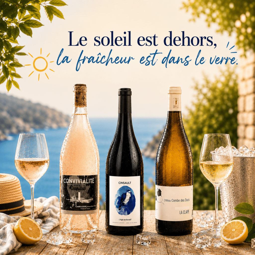 "Le soleil est dehors..." : trois bouteilles de vin frais devant la mer ensoleillée lors d'un apéritif d'été.